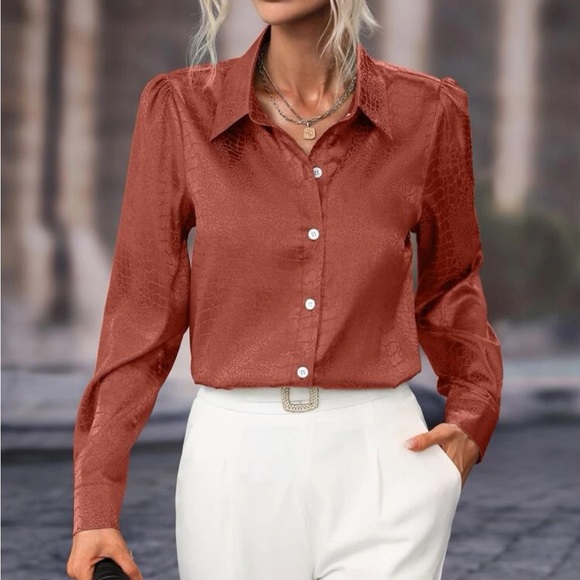 Luxe jacquard button down satin blouse - Picture 6 of 16